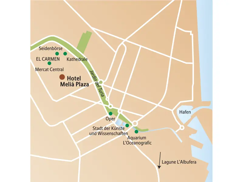 Karte zur Silvesterreise in Valencia mit Hotel Meliá Plaza, Seidenbörse, Stadt der Künste und Lagune L'Albufera.