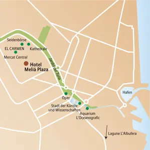 Karte zur Silvesterreise in Valencia mit Hotel Meliá Plaza, Seidenbörse, Stadt der Künste und Lagune L'Albufera.