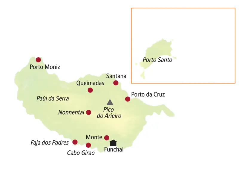 Karte der Studiosus-Studienreise auf Madeira mit Ausflügen ab Funchal zu Highlights wie Porto Moniz, Santana und Pico do Arieiro.