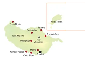 Karte der Studiosus-Studienreise auf Madeira mit Ausflügen ab Funchal zu Highlights wie Porto Moniz, Santana und Pico do Arieiro.