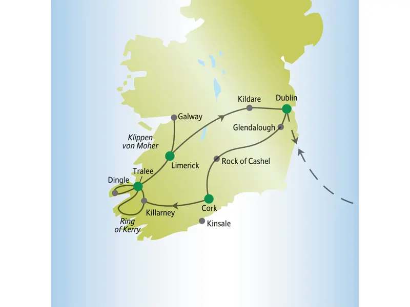 Übersichtskarte unserer Studiosus Singlereise durch Irland: Die Route führt von Dublin über Cork, Limerick und Galway zurück.
