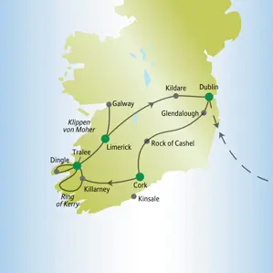Übersichtskarte unserer Studiosus Singlereise durch Irland: Die Route führt von Dublin über Cork, Limerick und Galway zurück.