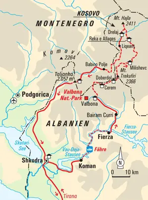 Karte der Trekkingreise "Peaks of the Balkans". Die Route verläuft durch Albanien, Kosovo und Montenegro von Shkodra über Valbona.