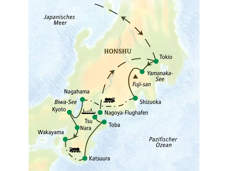 Karte unserer Studienreise in Japan: Die Route führt von Tokio über Kyoto, Nara und Katsuura bis zum Flughafen Nagoya.
