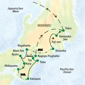 Karte unserer Studienreise in Japan: Die Route führt von Tokio über Kyoto, Nara und Katsuura bis zum Flughafen Nagoya.