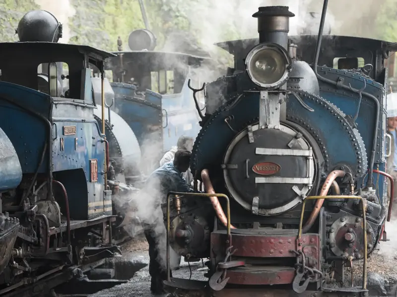 Ein Arbeiter steht zwischen zwei dampfenden, blauen Lokomotiven der berühmten Darjeeling Himalayan Railway in Indien.