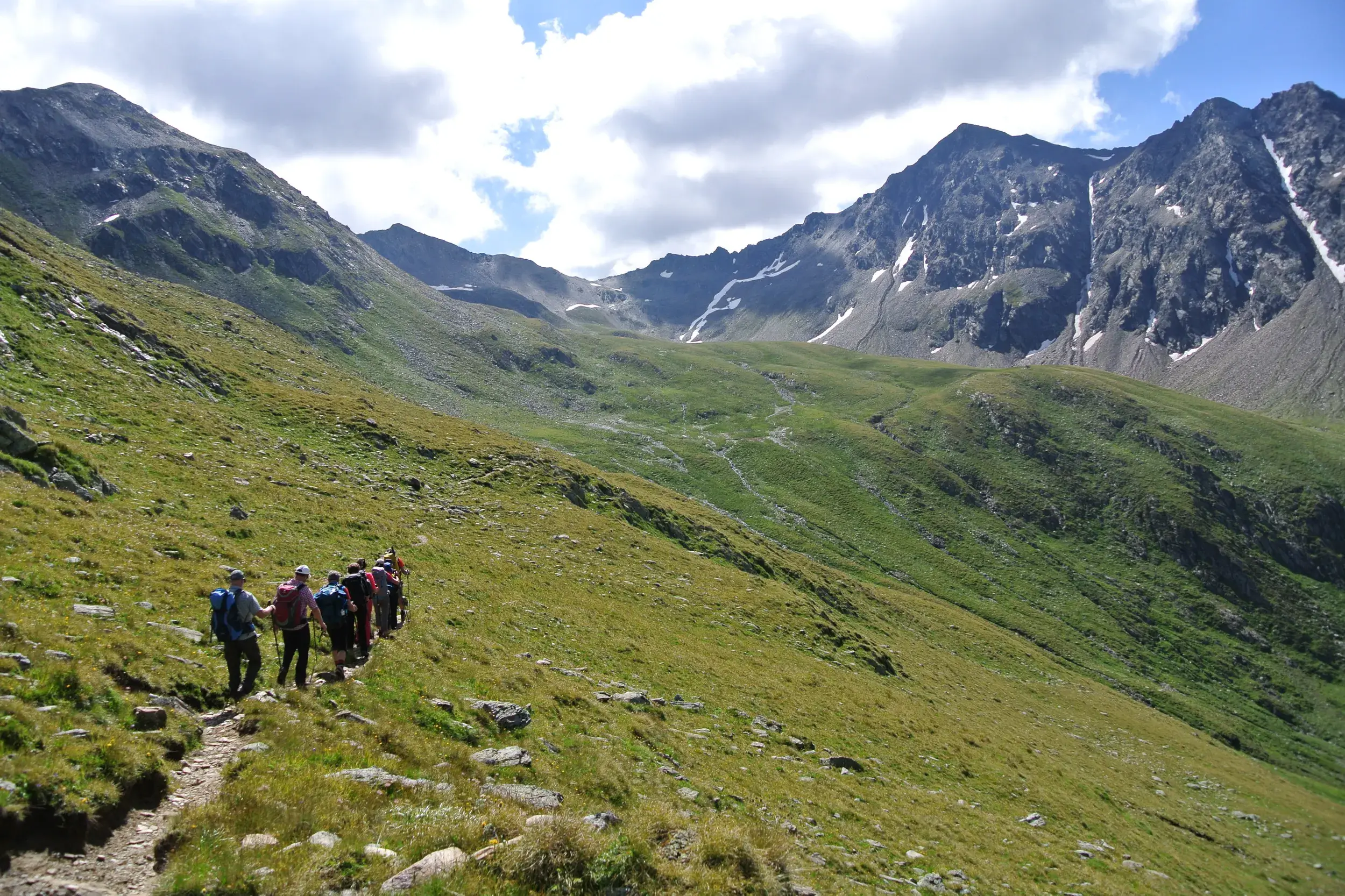 Eine Hauser-Wandergruppe auf einem Trekkingpfad durch grüne Almwiesen im Nationalpark Hohe Tauern in Österreich.