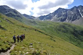 Eine Hauser-Wandergruppe auf einem Trekkingpfad durch grüne Almwiesen im Nationalpark Hohe Tauern in Österreich.