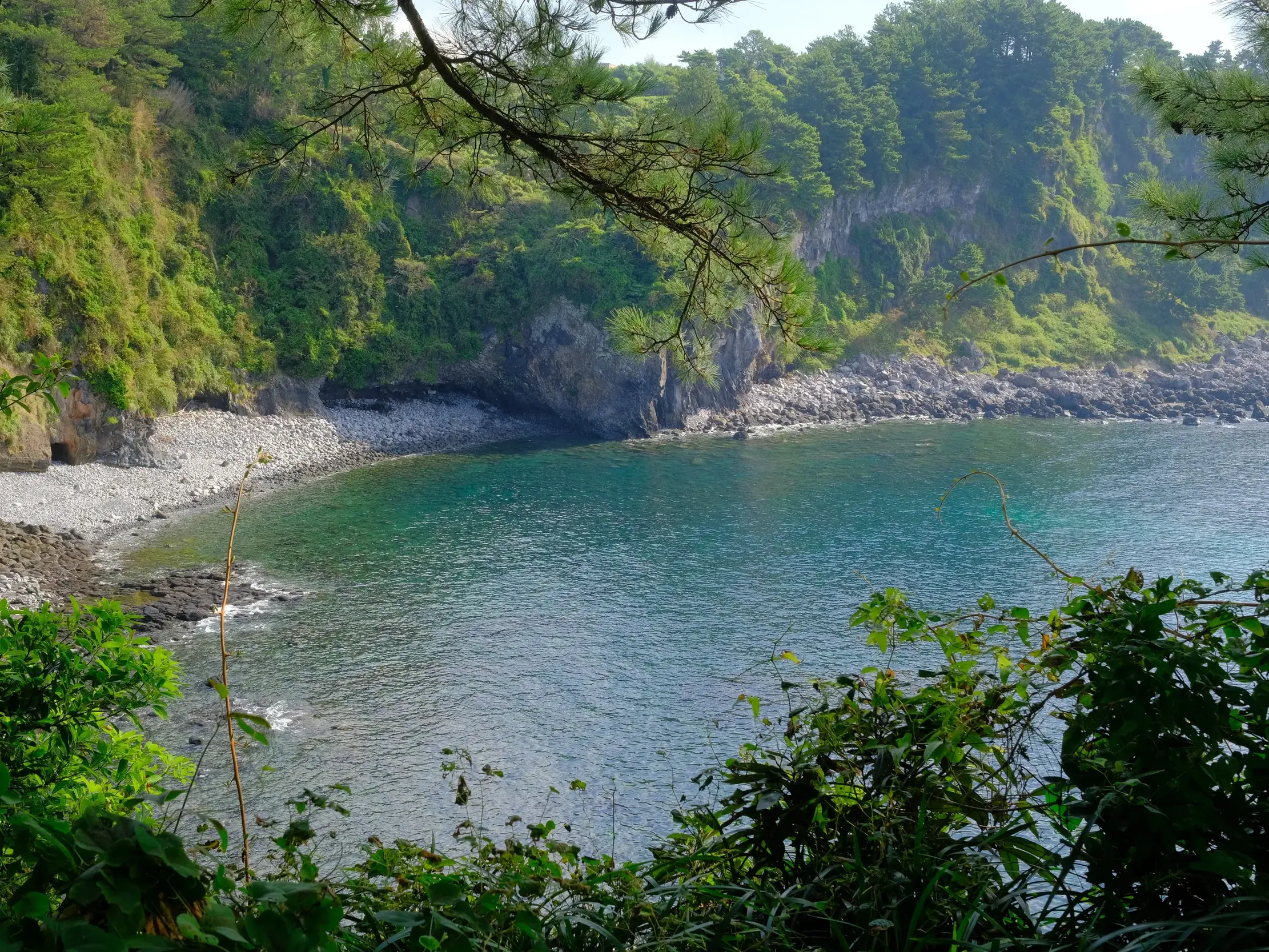 Blick vom Jeju Olle Trail auf eine abgelegene Bucht mit Kieselstrand und türkisfarbenem Wasser, umgeben von grünen Klippen.