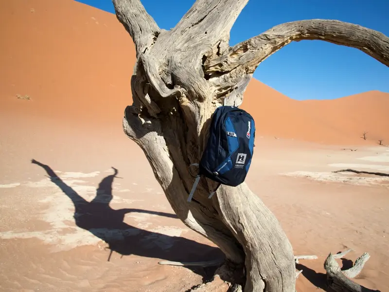Ein blauer Hauser-Wanderrucksack hängt an einem knorrigen, toten Baum im Deadvlei vor einer hohen, roten Sanddüne in Namibia.