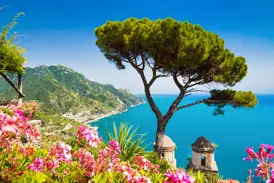 Pinie und Blumen im Garten der Villa Cimbrone in Ravello mit spektakulärem Blick auf die türkisblaue Amalfitana.