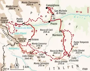 Landkarte der Hauser Exkursionen Wanderreise im Maira-Tal. Die Route führt von Prazzo über Ponte Maira, Viviere und Marmora.
