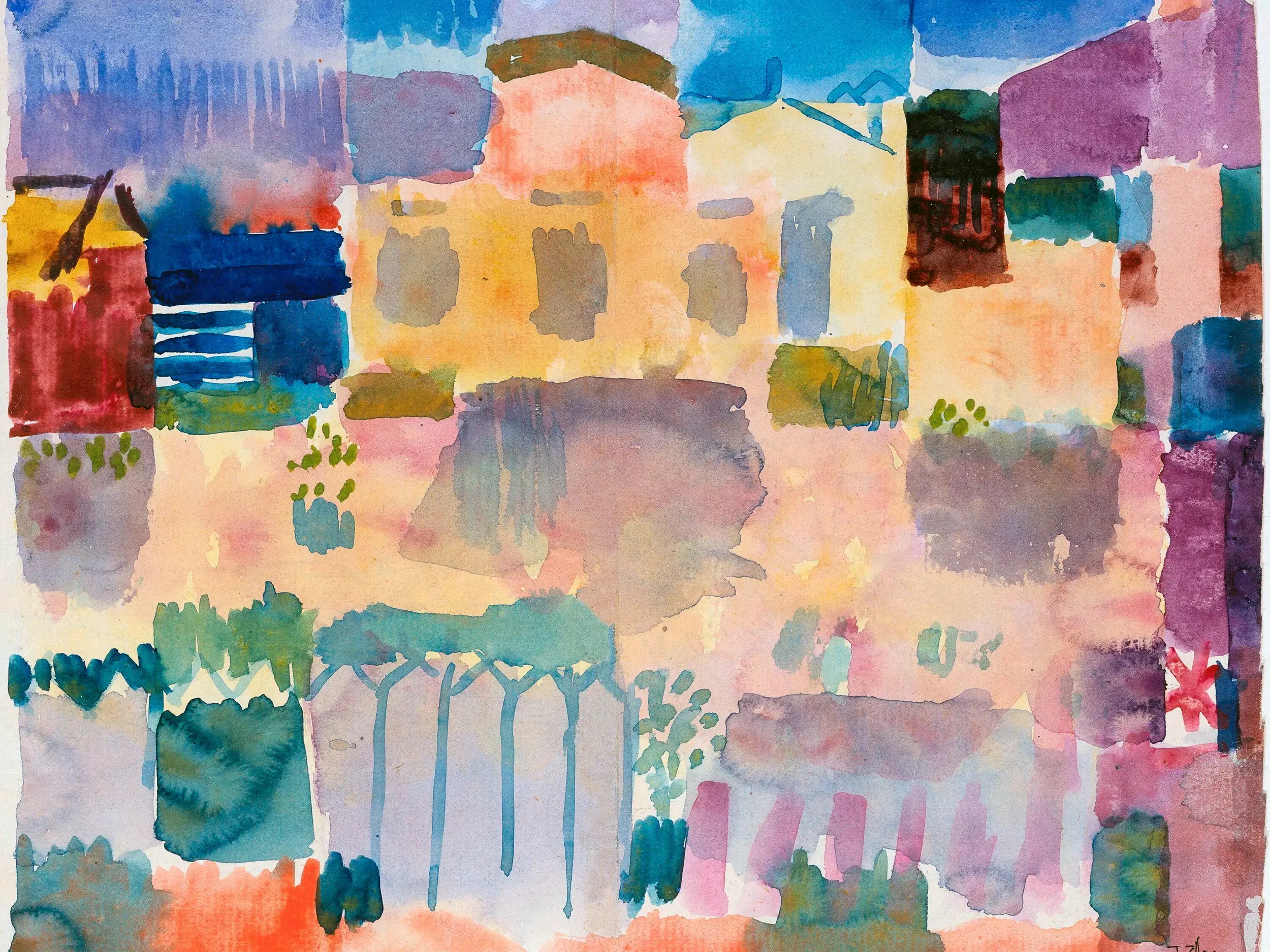 Farbenfrohes Aquarell tuneser Architektur im Stil der Maler Paul Klee und August Macke