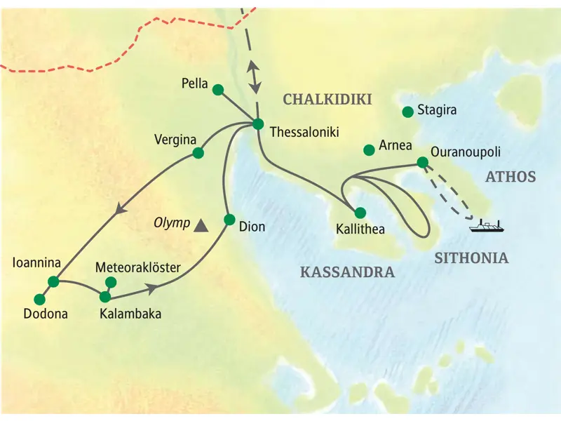 Karte der Studiosus-Studienreise in Nordgriechenland mit Route von Thessaloniki über Ioannina, Meteoraklöster und Chalkidiki.