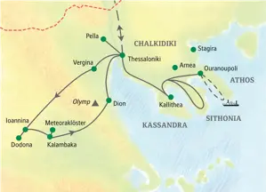 Karte der Studiosus-Studienreise in Nordgriechenland mit Route von Thessaloniki über Ioannina, Meteoraklöster und Chalkidiki.