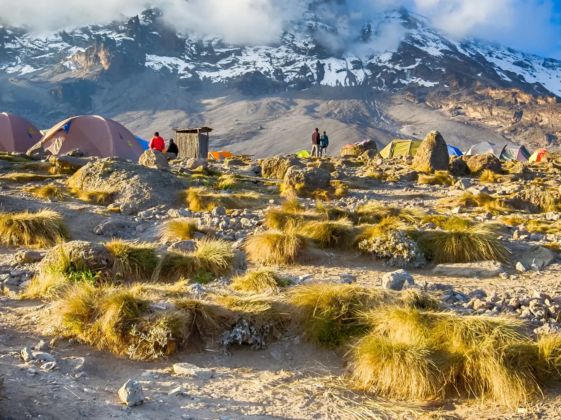Trekking-Hochlager mit Zelten in der kargen Felswüste am Kilimanjaro, im Hintergrund der schneebedeckte Kibo-Gipfel.