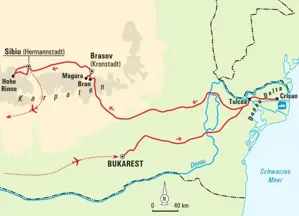 Karte der Wanderreise in Rumänien: Von Bukarest durchs Donaudelta und die Karpaten über Brasov nach Sibiu.