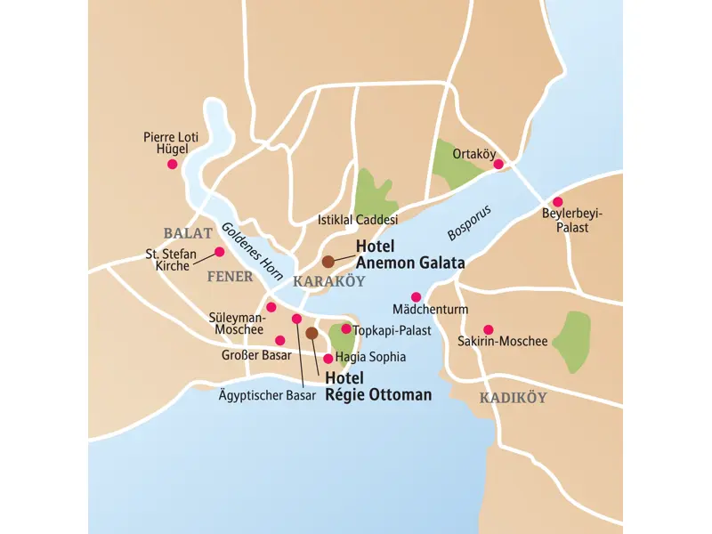 Karte der Studiosus Studienreise in Istanbul: Route am Goldenen Horn und Bosporus zu Highlights wie Topkapi-Palast und Hagia Sophia.