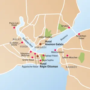 Karte der Studiosus Studienreise in Istanbul: Route am Goldenen Horn und Bosporus zu Highlights wie Topkapi-Palast und Hagia Sophia.