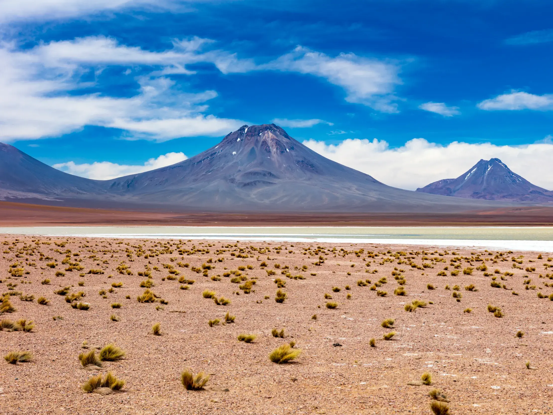 Weite, trockene Landschaft der Atacama-Wüste mit den Lagunen Miscanti und Meniques vor hohen Anden-Vulkanen in Chile.