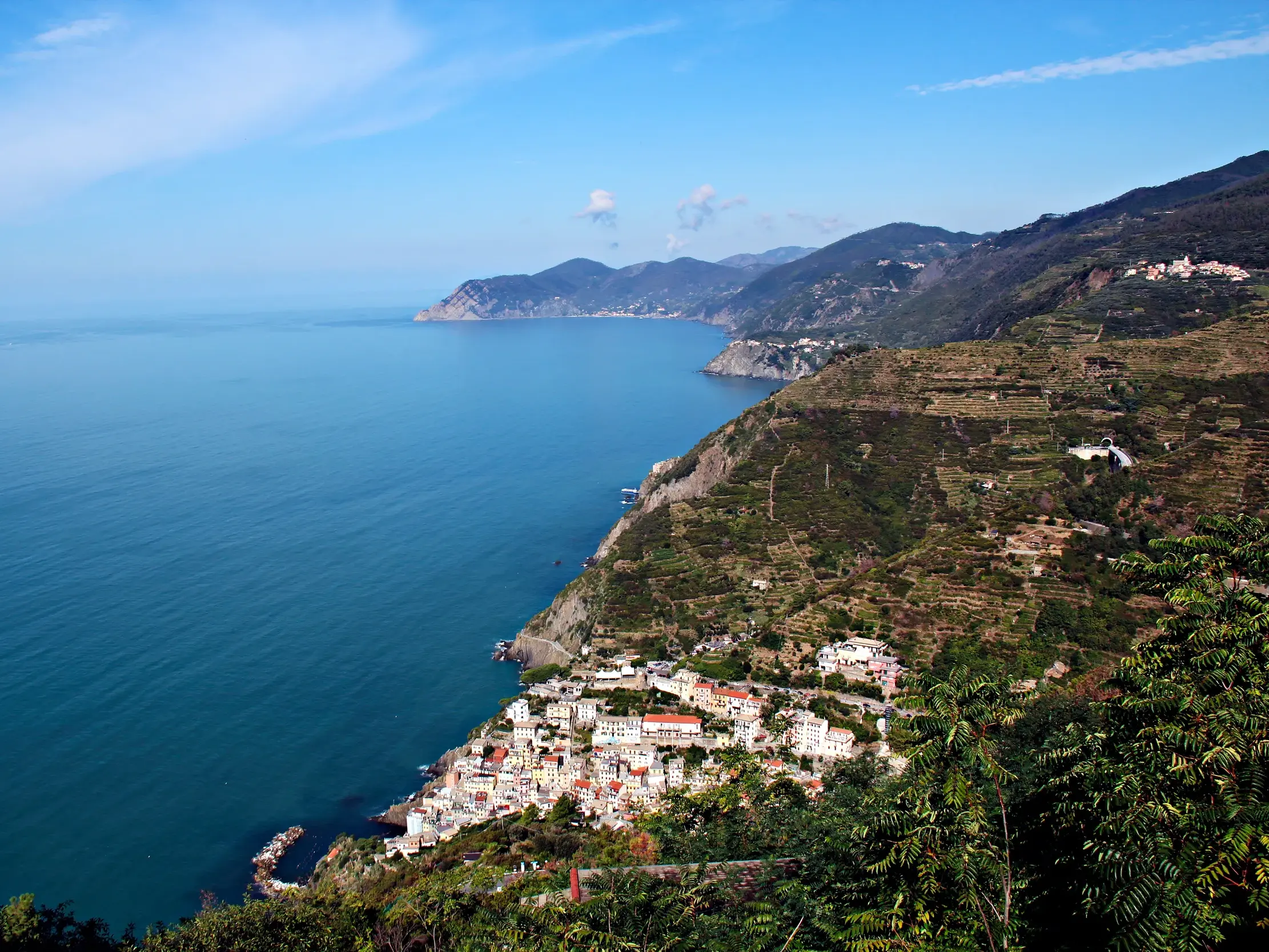 Panoramablick von einem Wanderweg auf das Küstendorf Riomaggiore, die terrassierten Weinberge und die ligurische Küste.