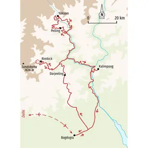Reiseverlauf unserer Trekkingreise in Indien: von Bagdogra über Darjeeling, Sandakphu und Pelling nach Yuksom.