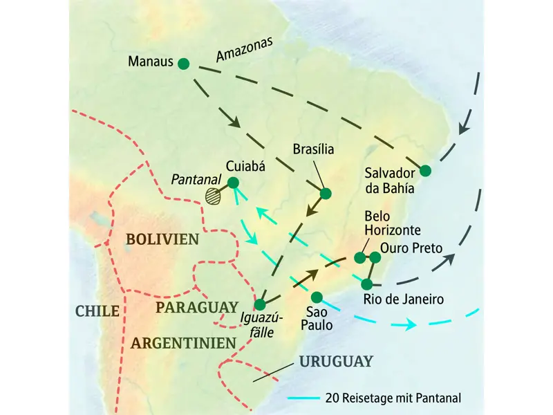 Karte der Studienreise in Brasilien: Die Route führt von Salvador über den Amazonas, Iguazú und Rio, inklusive Pantanal-Verlängerung.
