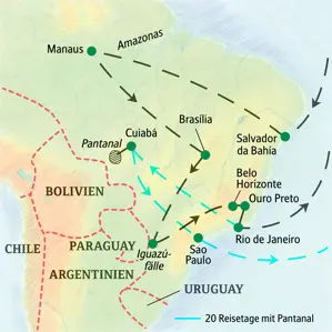 Karte der Studienreise in Brasilien: Die Route führt von Salvador über den Amazonas, Iguazú und Rio, inklusive Pantanal-Verlängerung.