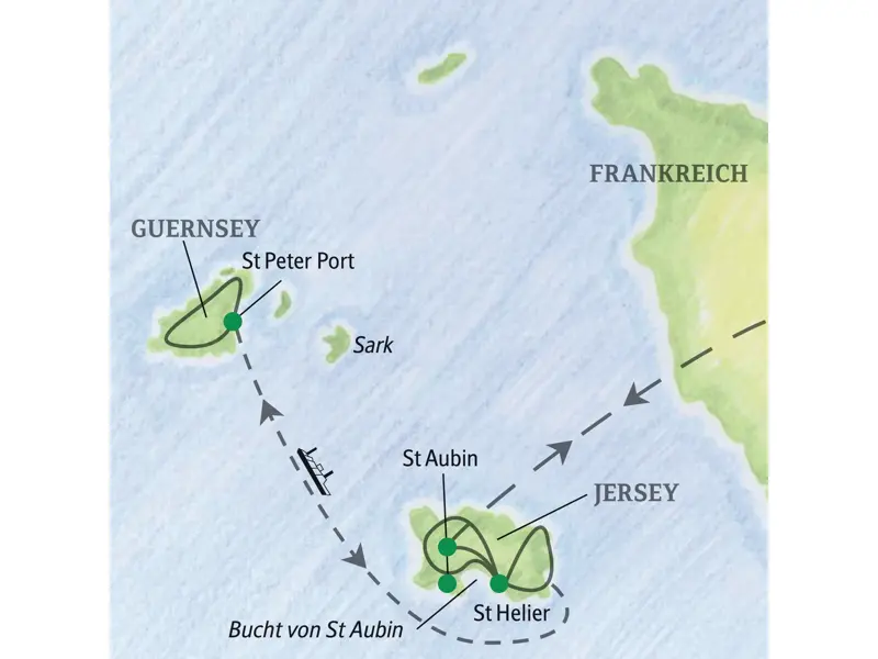 Karte der geführten Rundreise auf den Kanalinseln: Die Route verbindet Jersey mit St Helier und Guernsey mit St Peter Port.