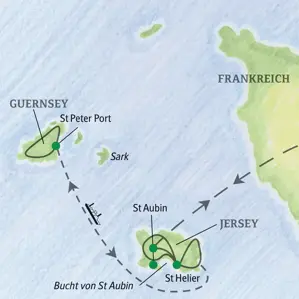 Karte der geführten Rundreise auf den Kanalinseln: Die Route verbindet Jersey mit St Helier und Guernsey mit St Peter Port.