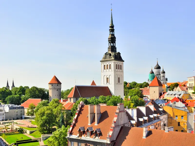 Ausblick über die roten Dächer und historischen Türme der mittelalterlichen Altstadt von Tallinn an einem sonnigen Tag in Estland.