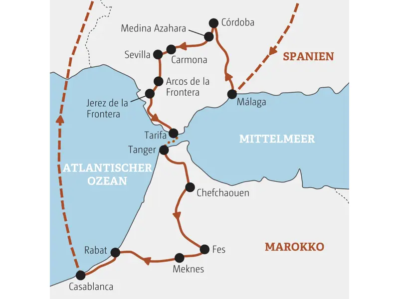 Routenverlauf der Studiosus Studienreise von Marokko nach Andalusien: von Rabat über Fes, Tanger, Sevilla und Córdoba nach Málaga.