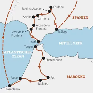 Routenverlauf der Studiosus Studienreise von Marokko nach Andalusien: von Rabat über Fes, Tanger, Sevilla und Córdoba nach Málaga.