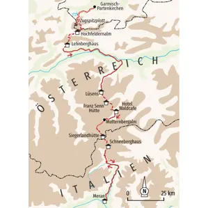 Karte der Wanderreise Alpenüberquerung von Garmisch-Partenkirchen über die Stubaier Alpen nach Meran in Südtirol.