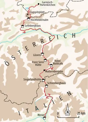 Karte der Wanderreise Alpenüberquerung von Garmisch-Partenkirchen über die Stubaier Alpen nach Meran in Südtirol.