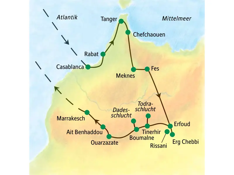 Reiseroute der Studiosus-Studienreise "Marokko - zwischen Rif und Atlas" von Casablanca über Tanger, Fes und die Sahara-Dünen bis nach Marrakesch.