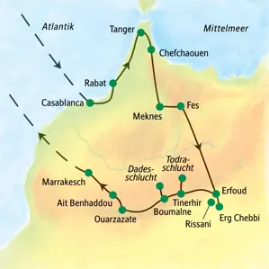 Reiseroute der Studiosus-Studienreise "Marokko - zwischen Rif und Atlas" von Casablanca über Tanger, Fes und die Sahara-Dünen bis nach Marrakesch.