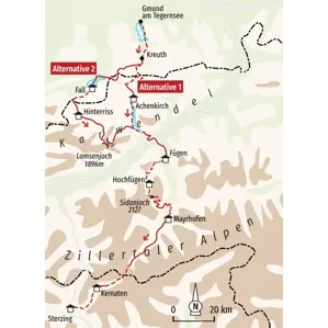Karte der Alpenüberquerung von Gmund am Tegernsee über Achenkirch und Mayrhofen durch die Zillertaler Alpen nach Sterzing.