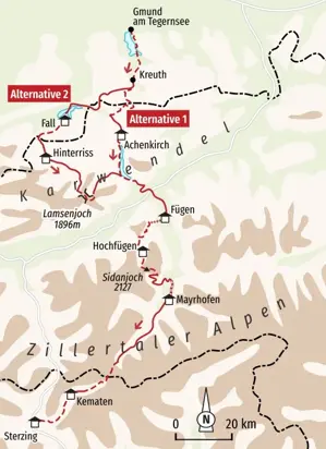 Karte der Alpenüberquerung von Gmund am Tegernsee über Achenkirch und Mayrhofen durch die Zillertaler Alpen nach Sterzing.