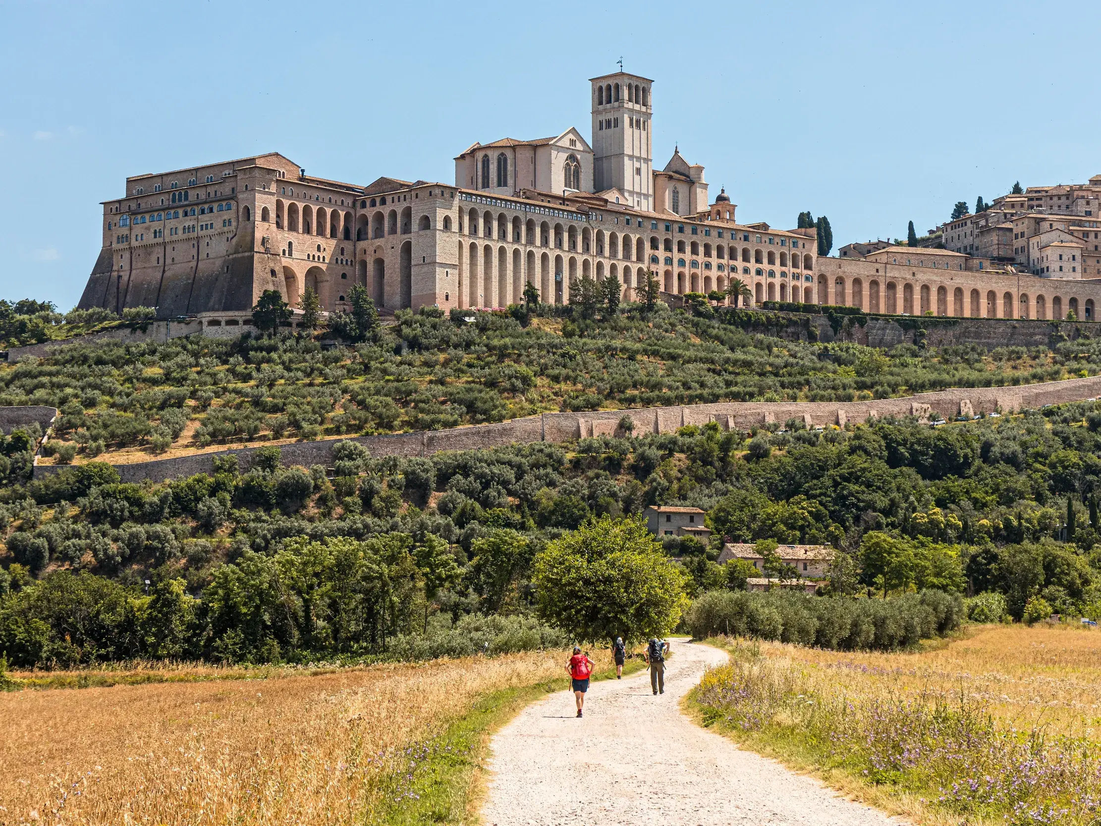 Zwei Wanderer auf einem Pfad durch die hügelige Landschaft Umbriens mit der Basilika des heiligen Franz von Assisi.