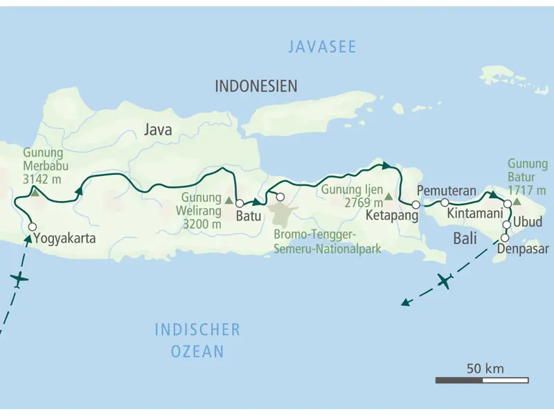 Karte der Hauser Trekkingreise in Indonesien: von Yogyakarta auf Java über den Gunung Ijen bis nach Ubud und Denpasar auf Bali.