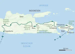 Karte der Hauser Trekkingreise in Indonesien: von Yogyakarta auf Java über den Gunung Ijen bis nach Ubud und Denpasar auf Bali.