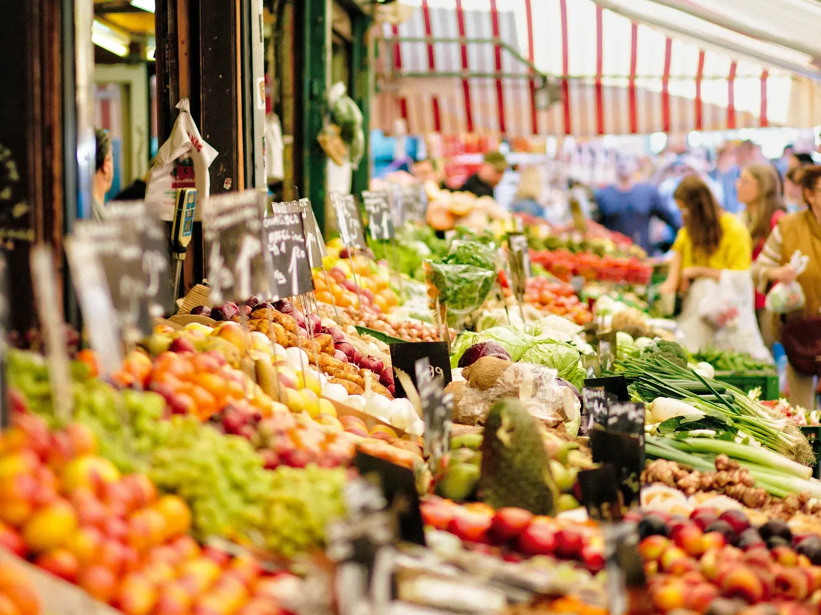 Farbenfrohe Auslage mit frischem Obst und Gemüse auf dem Wiener Naschmarkt, im Hintergrund stöbern Besucher an den Ständen.