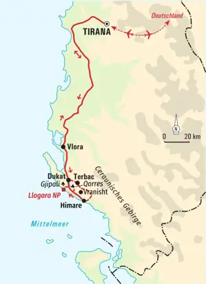 Karte der Hauser Trekkingreise in Albanien: Route von Tirana nach Vlora, durchs Küstengebirge und den Llogara NP.