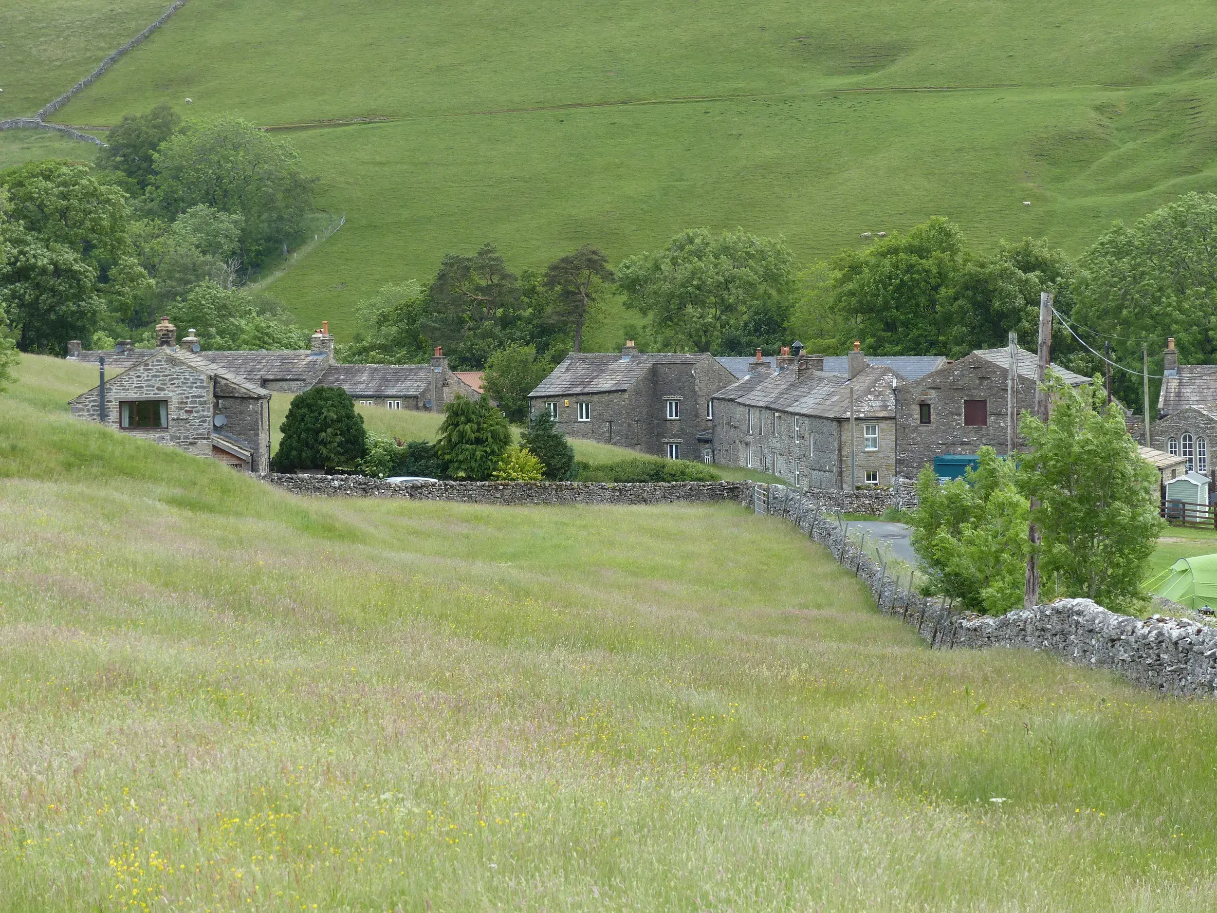 Blick über eine Wiese mit Steinmauer auf traditionelle Steinhäuser im Tal von Swaledale im Yorkshire Dales Nationalpark.