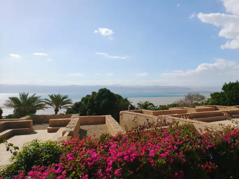 Blick von einer Terrasse mit rosa Bougainvillea über das ruhige, glitzernde Wasser des Toten Meeres in Jordanien.