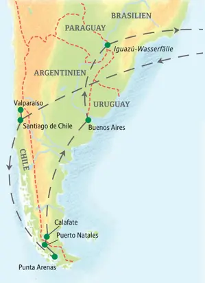 Karte der Reiseroute für die Studienreise durch Chile und Argentinien, von Santiago de Chile bis zu den Iguazú-Wasserfällen.