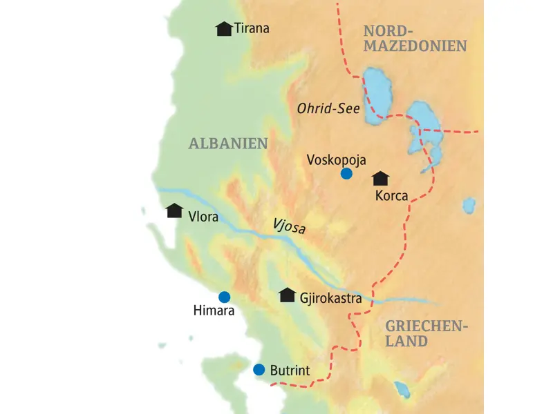Karte der Studiosus-Rundreise in Albanien: Die Route führt von Tirana über Korca und Gjirokastra bis nach Vlora an der Küste.