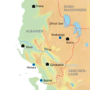 Karte der Studiosus-Rundreise in Albanien: Die Route führt von Tirana über Korca und Gjirokastra bis nach Vlora an der Küste.