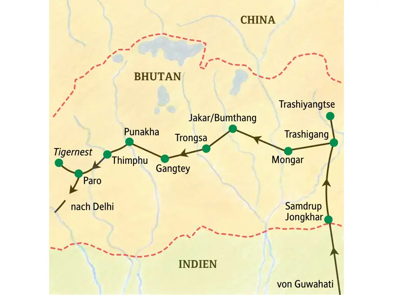 Karte der geführten Studiosus-Rundreise durch Bhutan von Guwahati über Trashigang, Thimphu und Paro zum Tigernest und zurück nach Delhi.